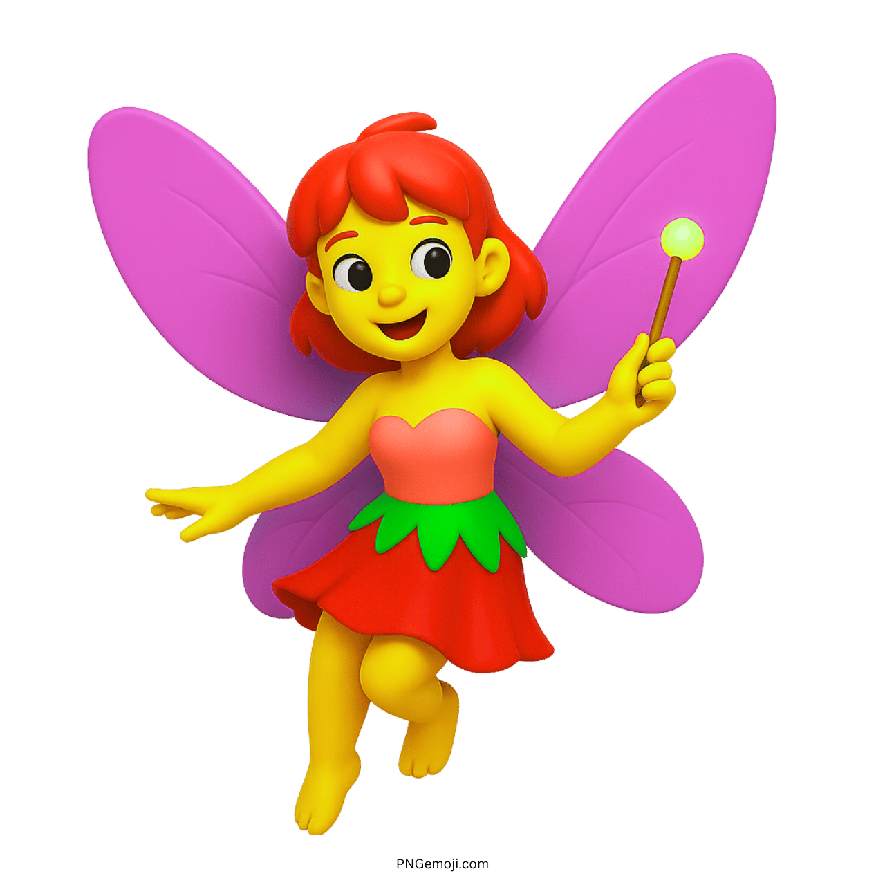 3D fairy emoji with pink wings and glowing wand on transparent background