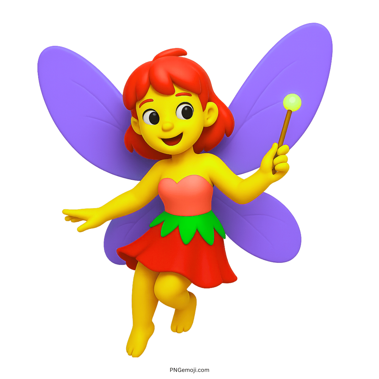 3D fairy emoji with purple wings holding a magic glowing wand