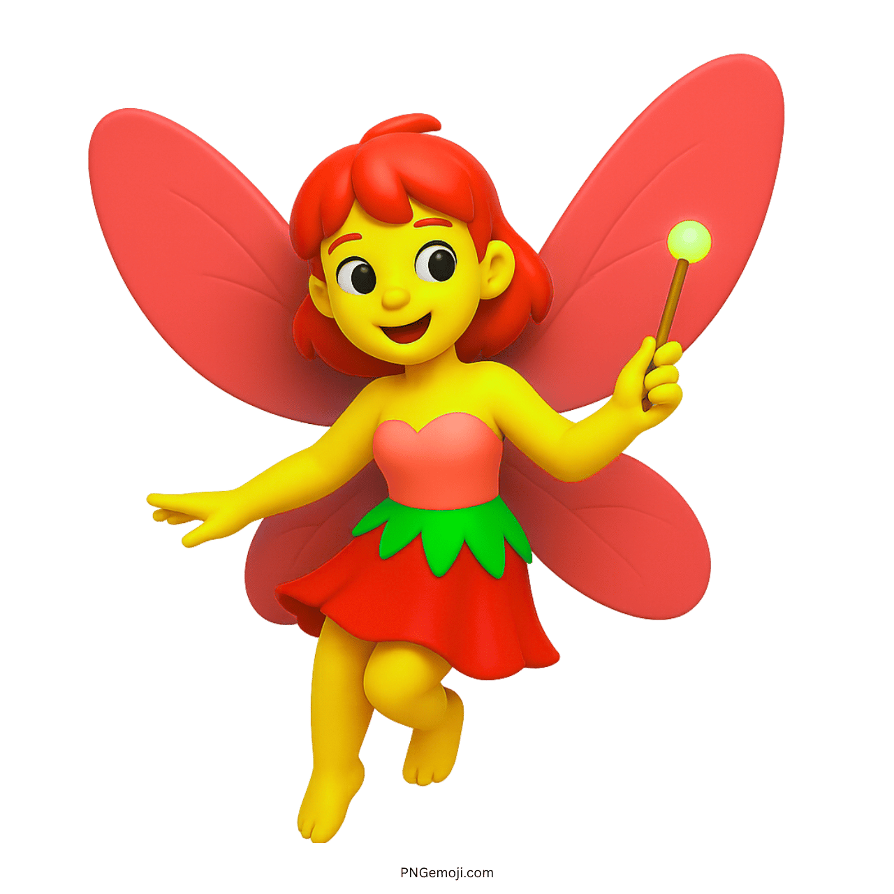 3D fairy emoji with red wings, wand and magical playful smile