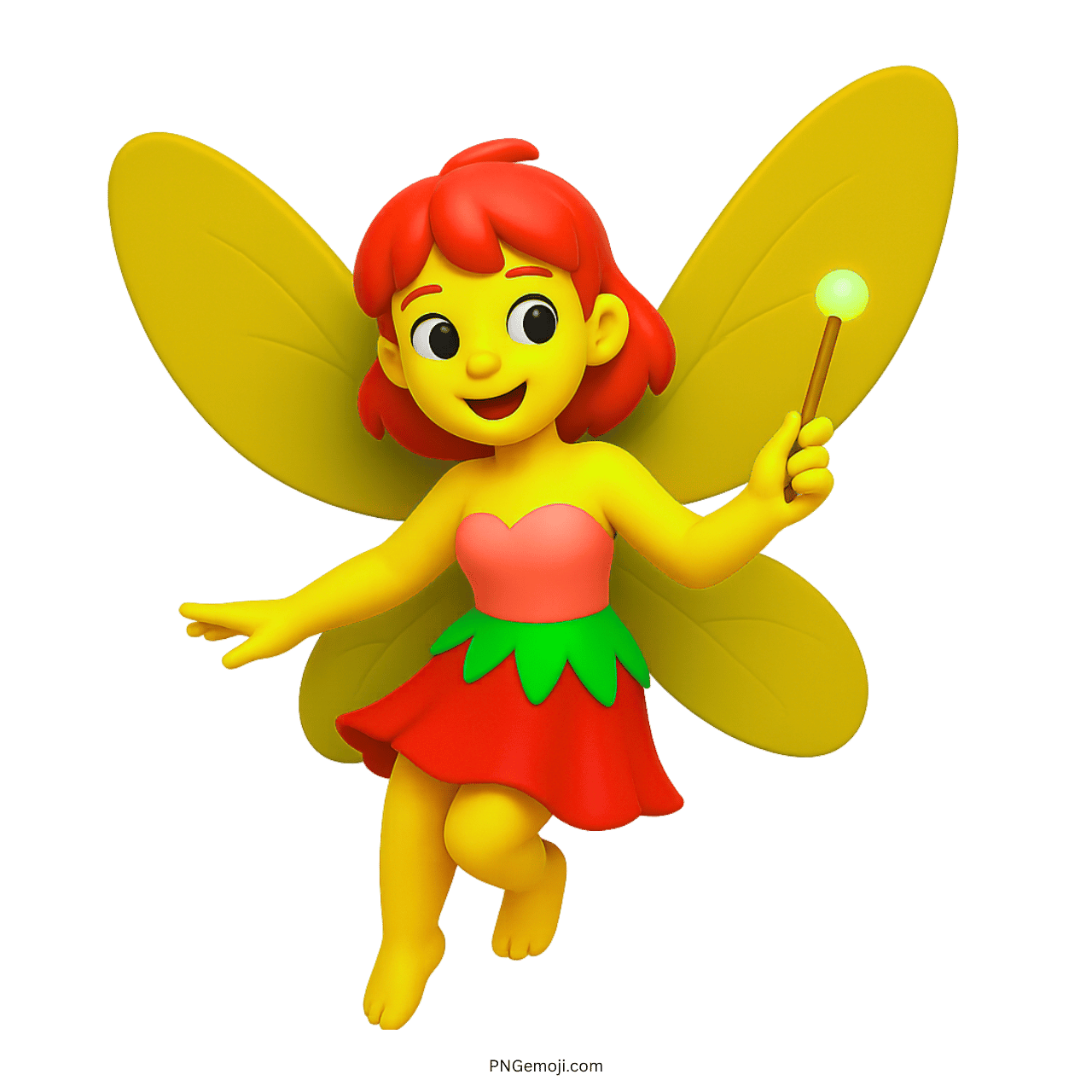 3D fairy emoji with yellow wings, red leafy dress and wand