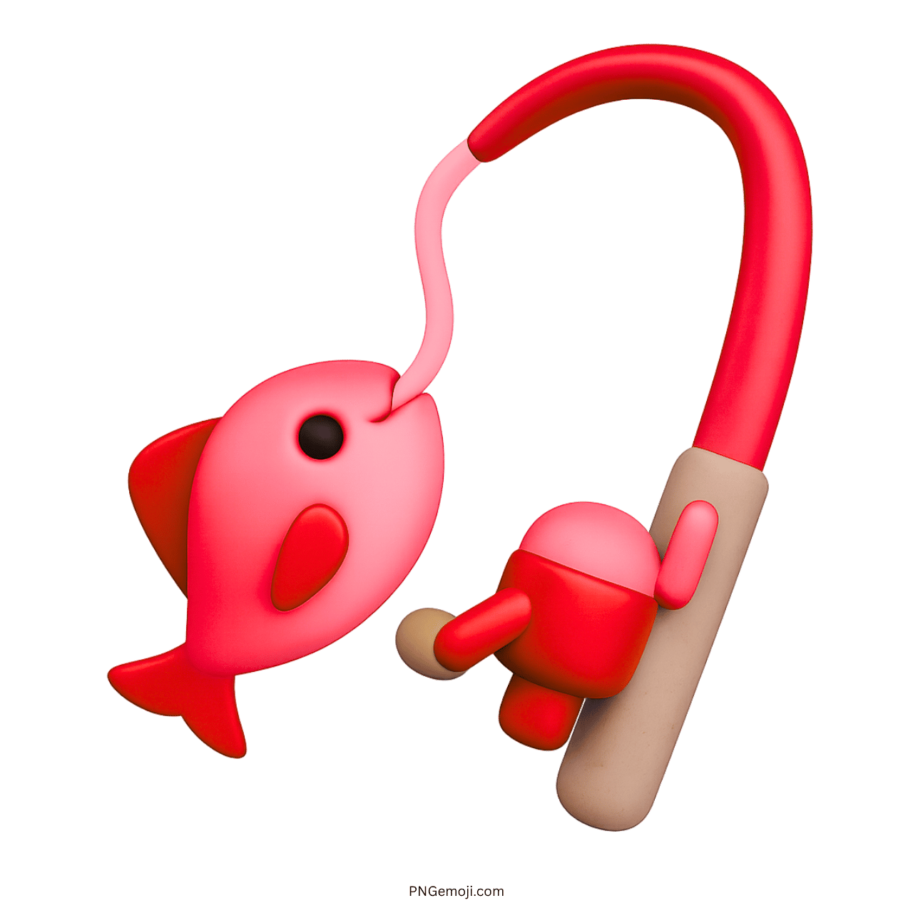 3D fishing pole with hooked fish emoji icon on transparent background in red color design