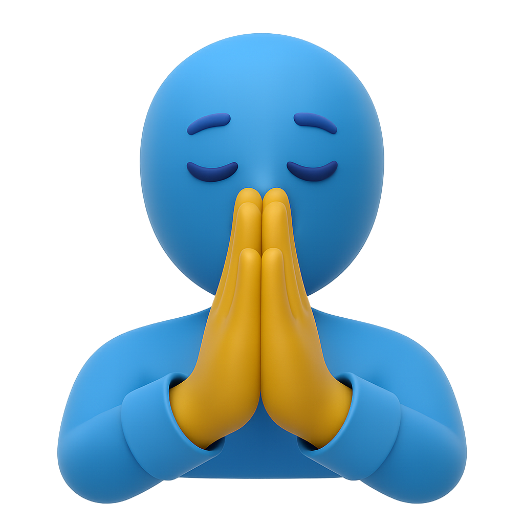 3D folded hands emoji with blue face and yellow palms in prayer pose