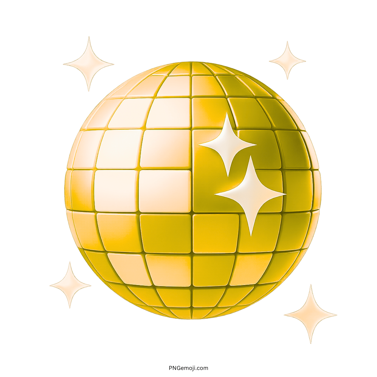 3D golden disco ball emoji with sparkling highlights and shiny gold grid pattern