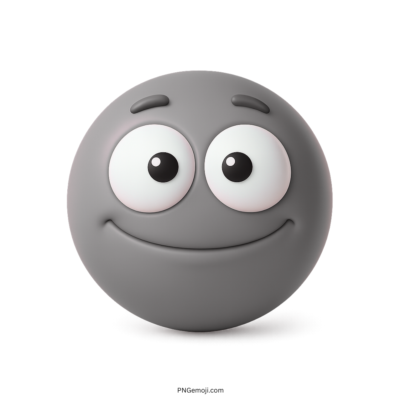 3D gray emoji face with blank smile and wide cartoon eyes in PNG format