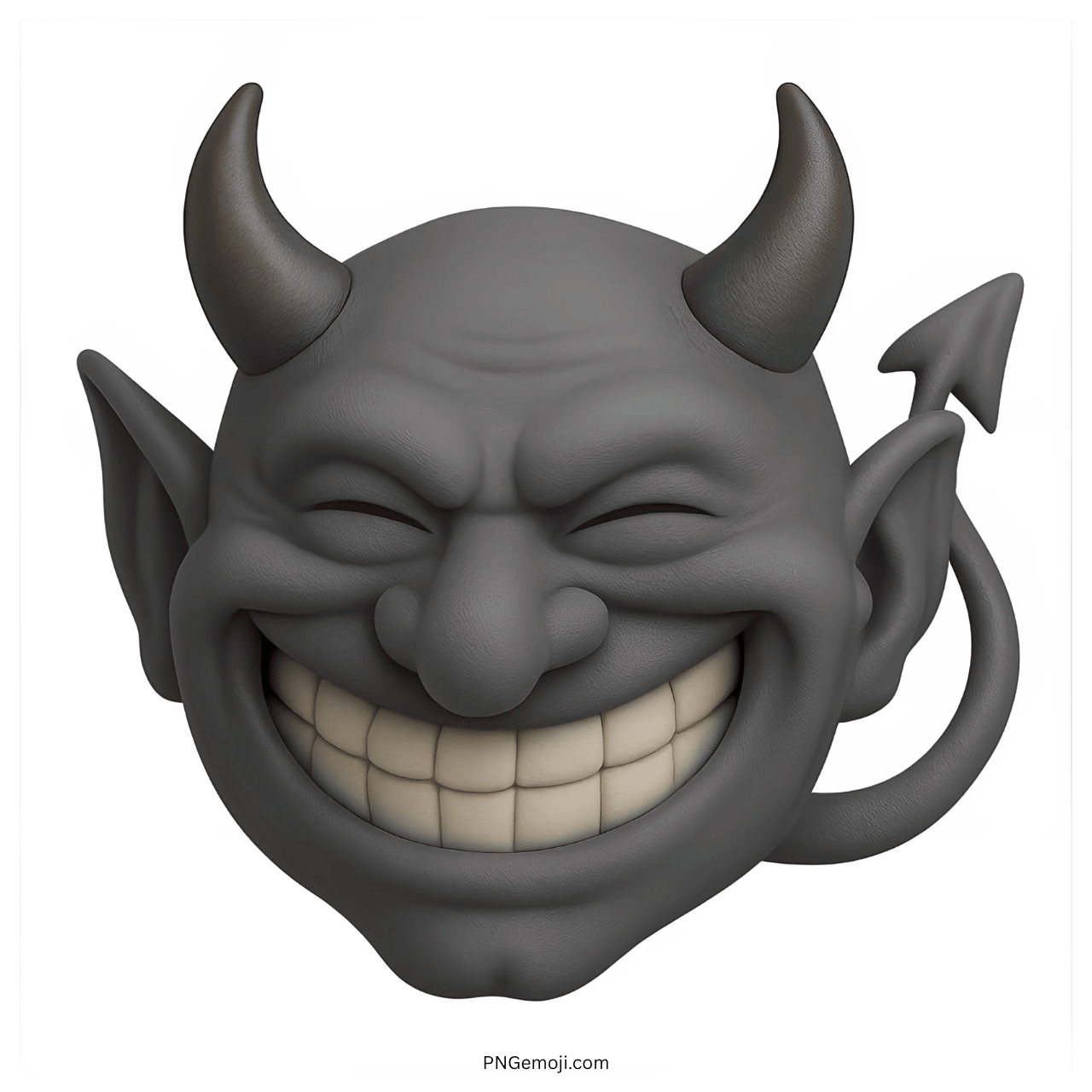 3D gray devil troll face emoji with big grin, horns, and curled tail