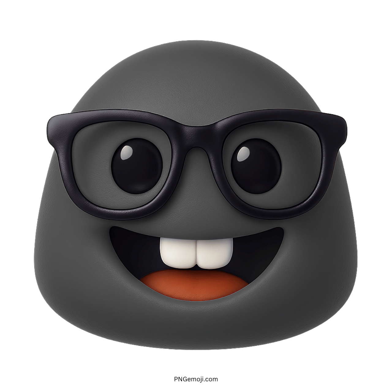 3D gray nerd emoji face with black glasses and toothy happy smile