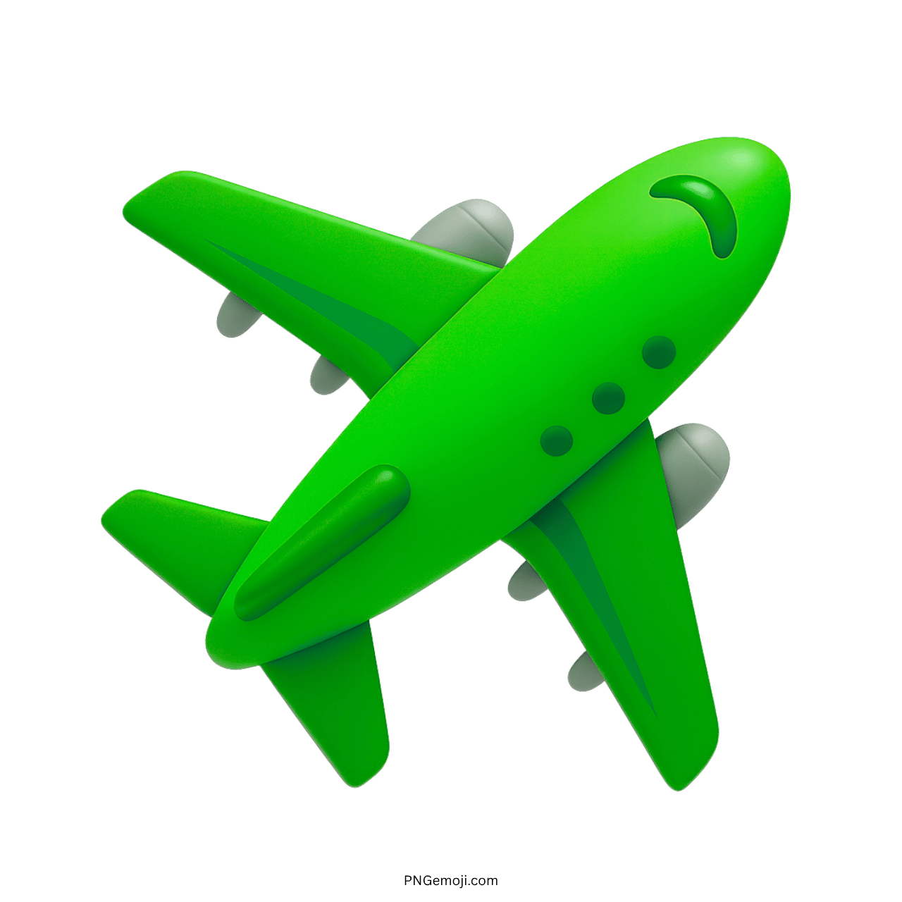 3D green jet airplane emoji with bright color and silver engines on wings