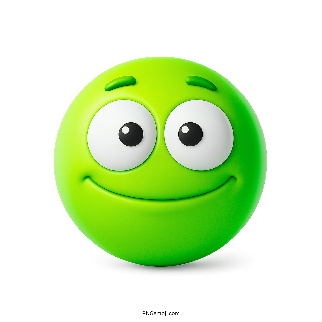 3D green emoji face with blank smile and large round cartoon eyes in PNG