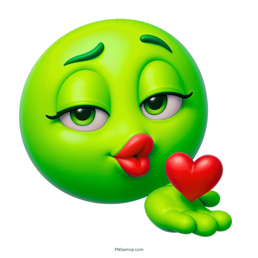 3D green emoji blowing red heart kiss with flirty expression on transparent background