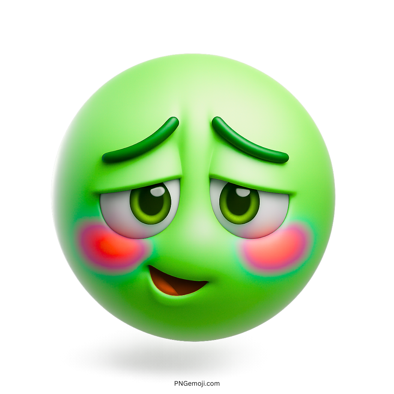 3D green blushing smiley emoji with red cheeks and shy expressive cartoon face