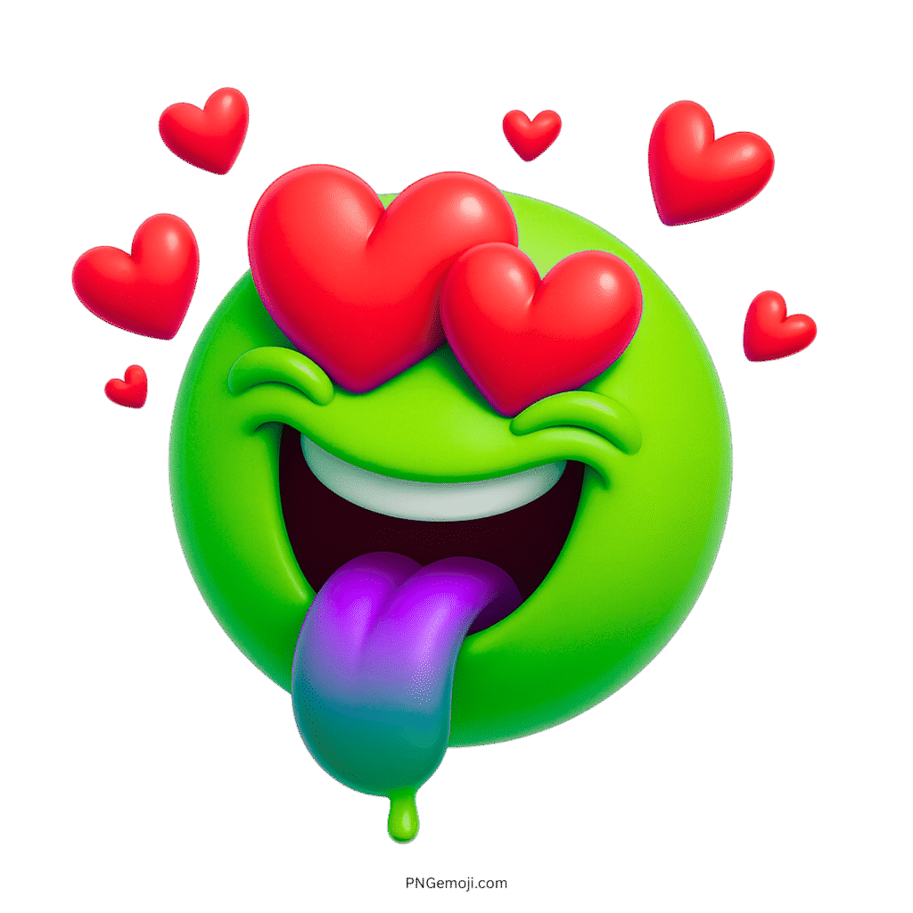 3D green crazy love emoji with heart eyes and purple-blue tongue out