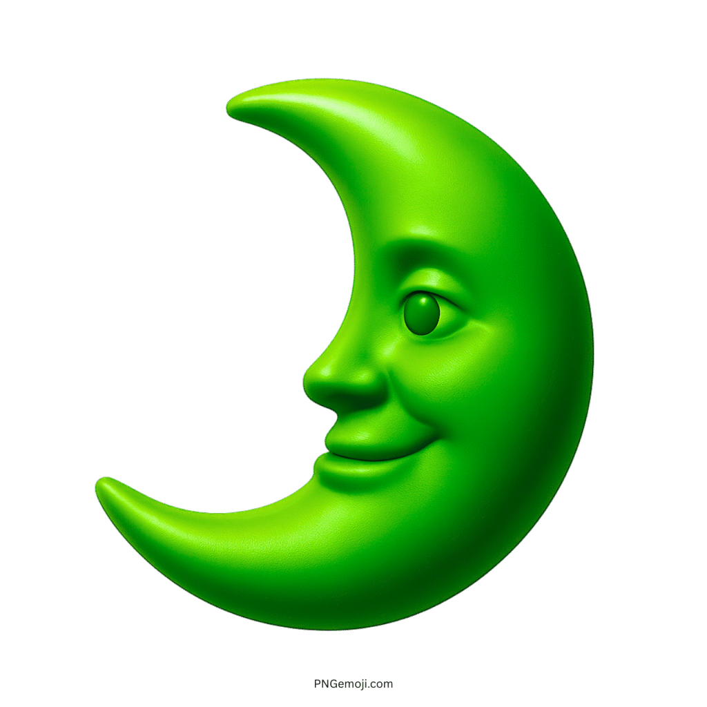 Vivid green 3D crescent moon emoji with smooth surface and smiling face