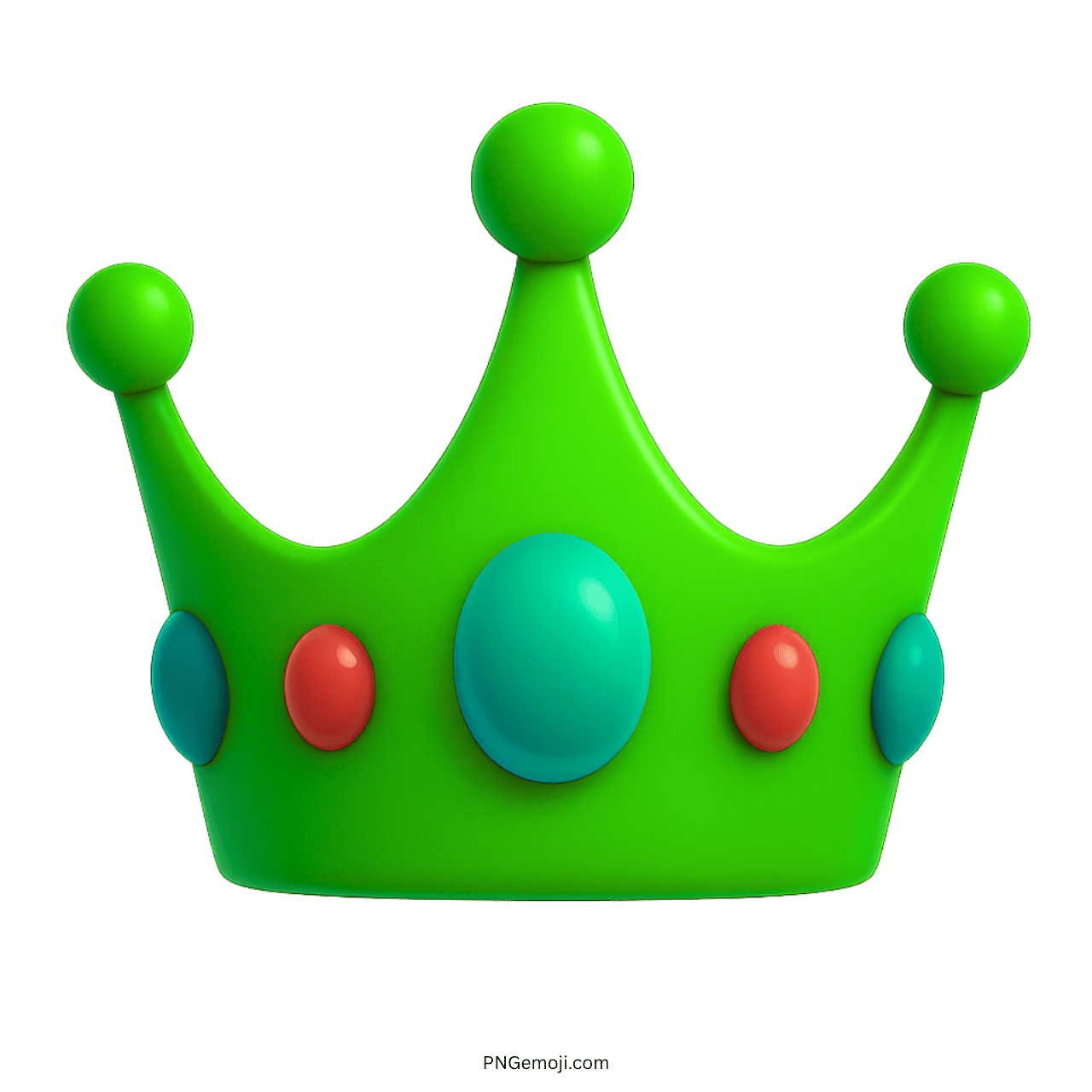 3D green crown emoji with bright blue and red jewel decorations on transparent background