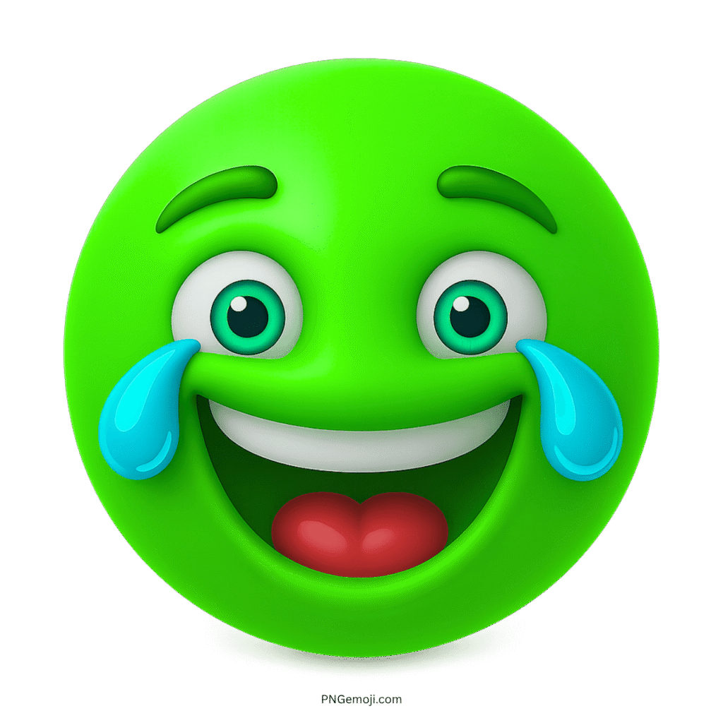 3D green crying laughing emoji with tears and big smile transparent background