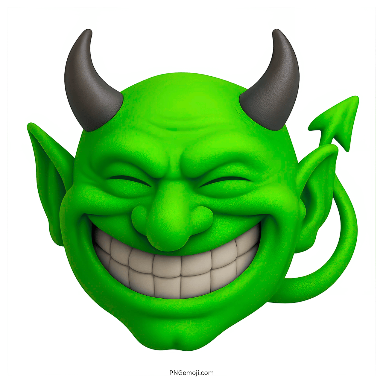 3D green devil troll emoji with big smile, black horns, and curved devil tail