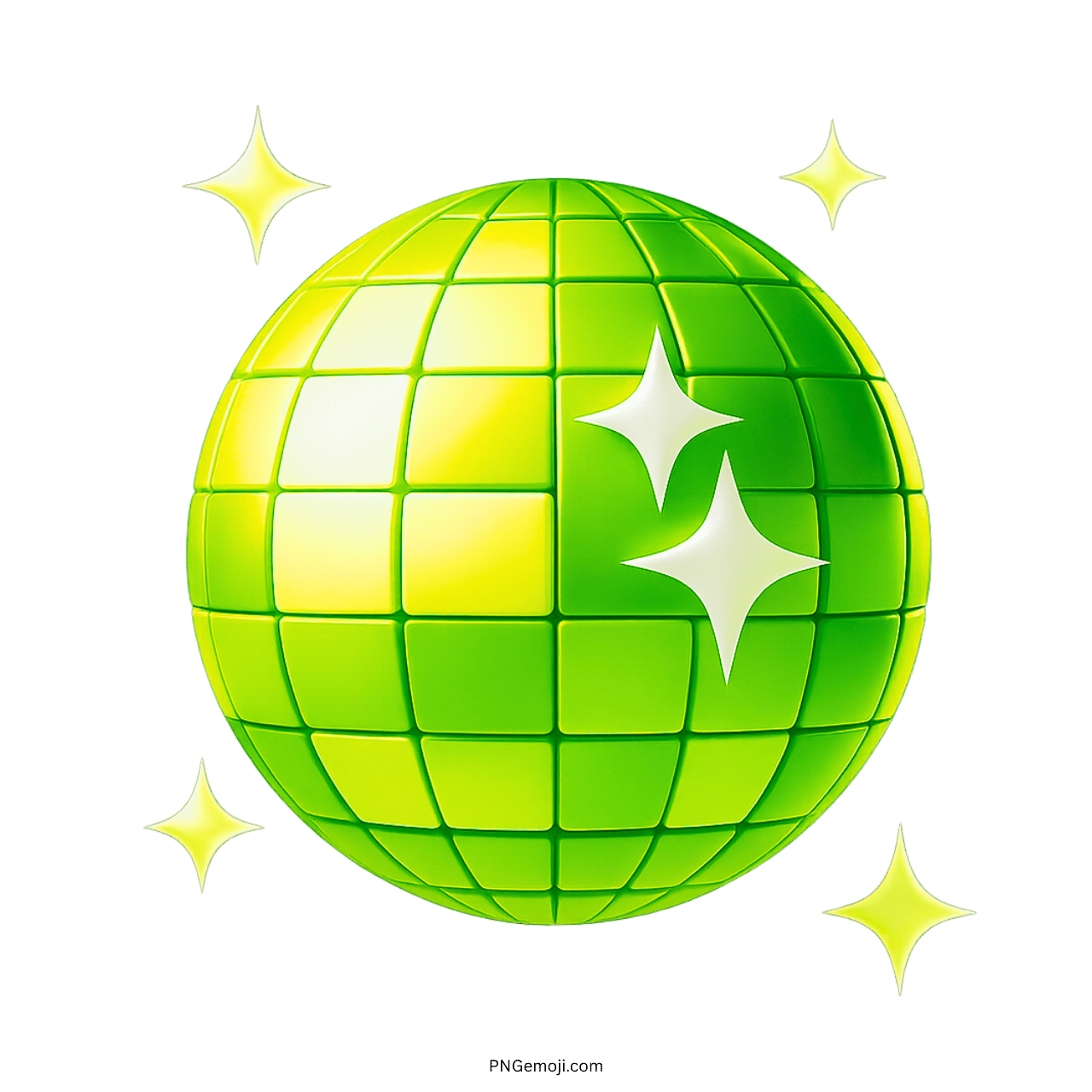 3D green disco ball emoji with shiny sparkle stars and glowing party vibes