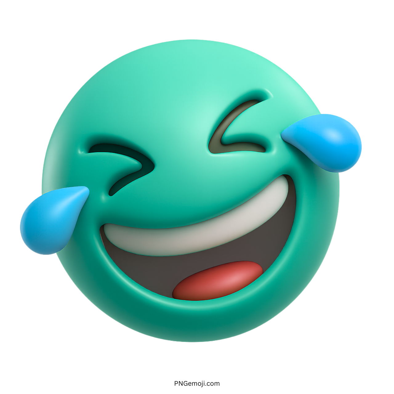 3D green emoji face laughing hard with happy blue tears