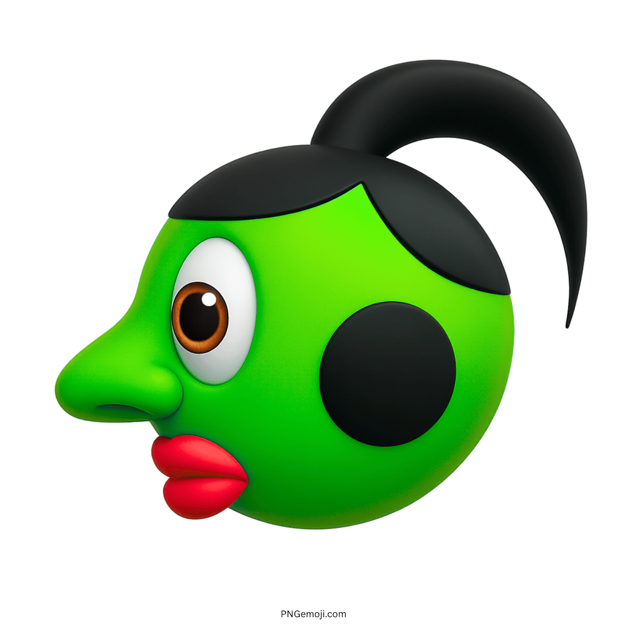 3D green emoji face with red lips, black patches, and cartoon ponytail