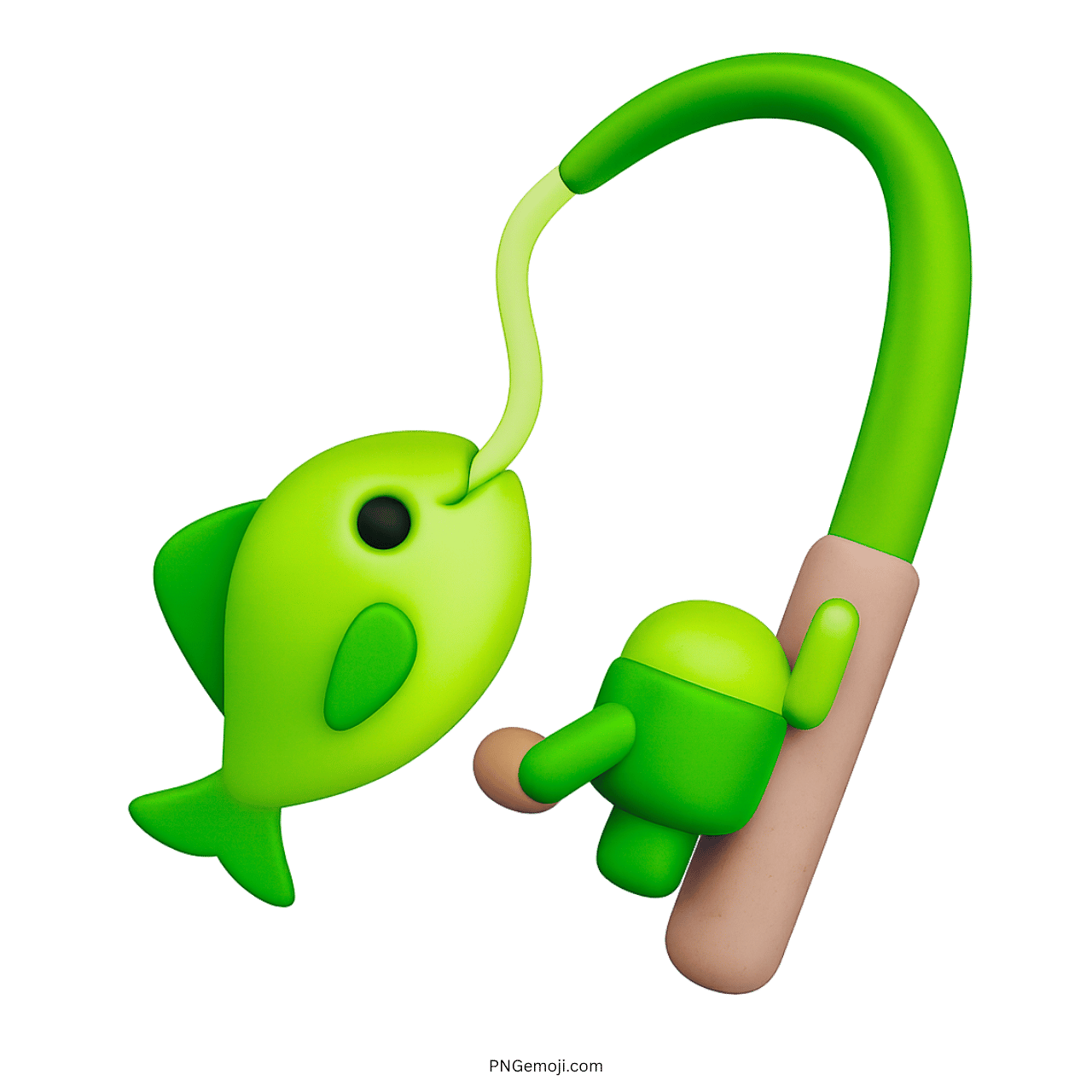 3D green fishing pole emoji catching green fish cartoon icon