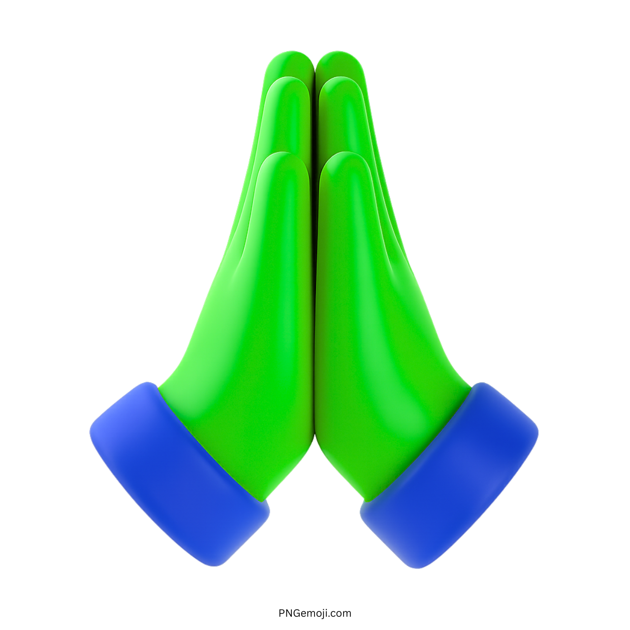 3D green folded hands emoji with blue cuffs in prayer or gratitude pose