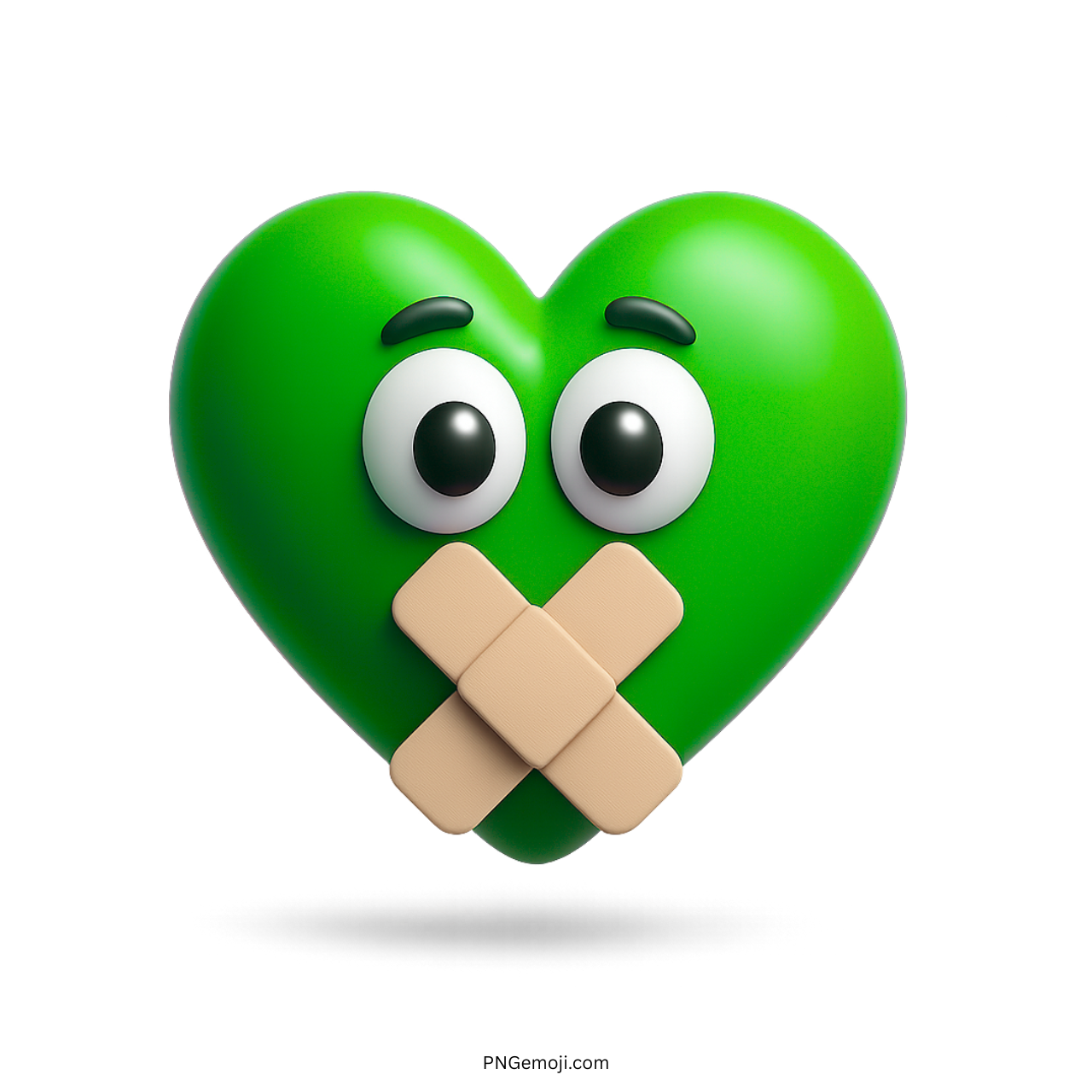 3D green heart emoji with cartoon eyes and bandaged mouth expressing silent emotions