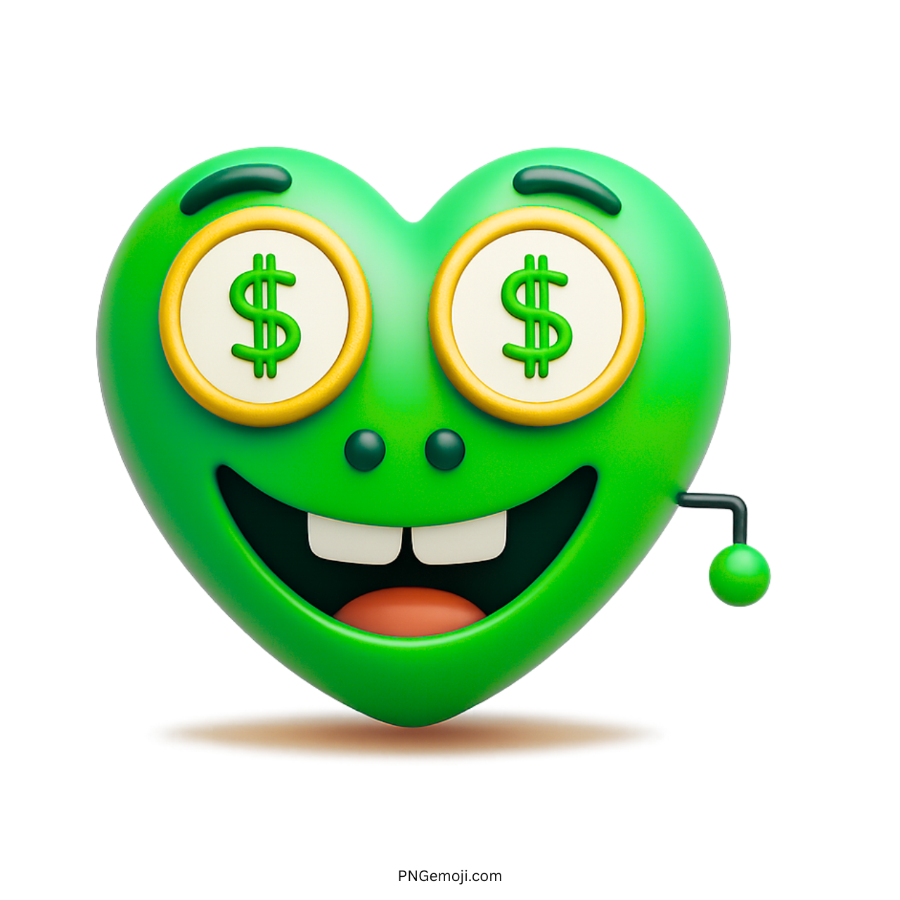 3D green heart emoji with money eyes and cheerful smile expression in cartoon style