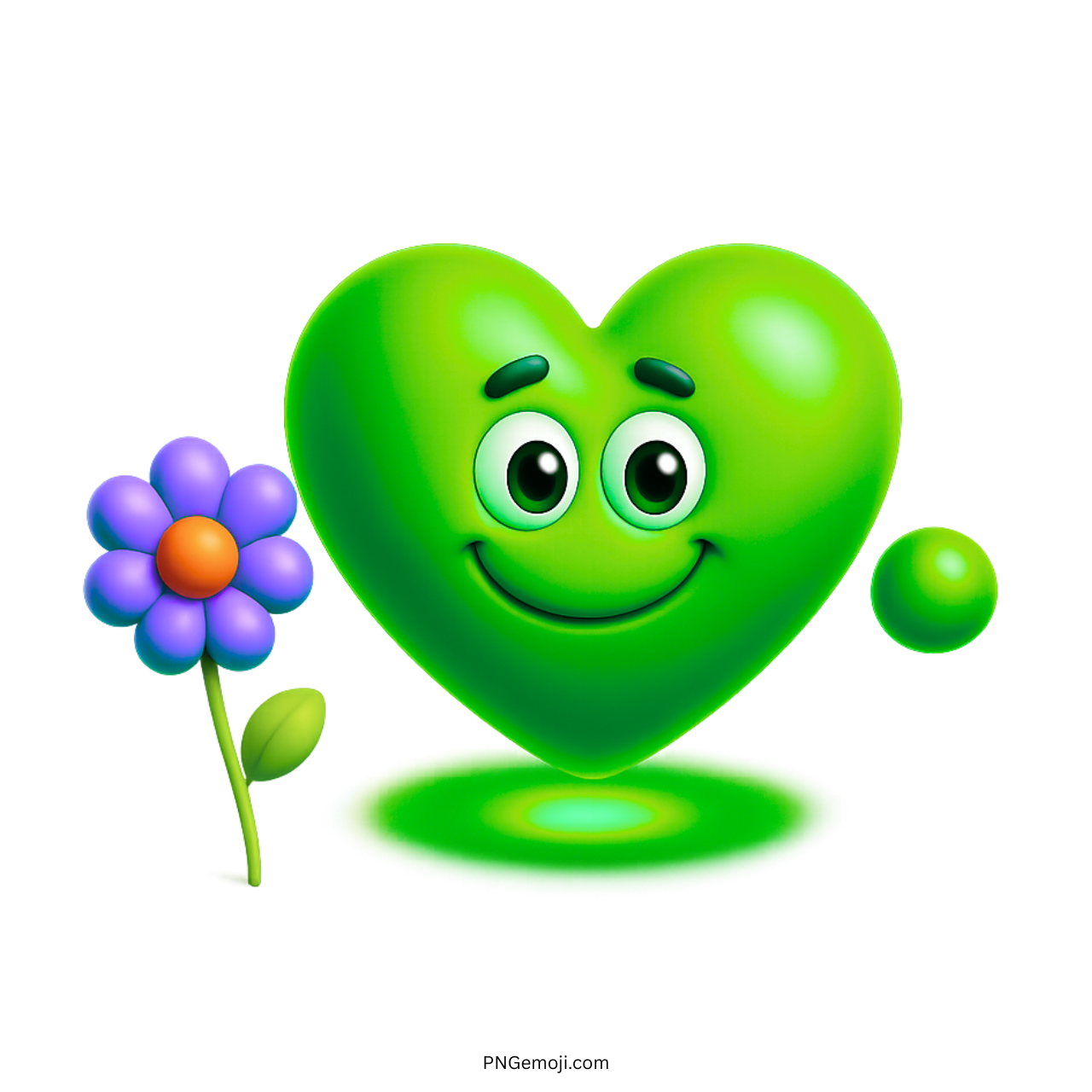 3D green heart emoji smiling face with flower and transparent background for eco-love designs