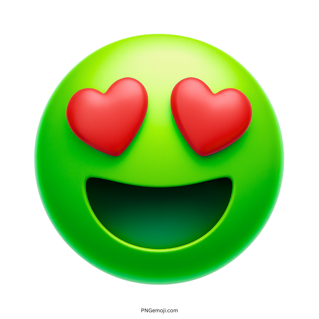 3D green emoji with red heart eyes and happy expression in transparent PNG