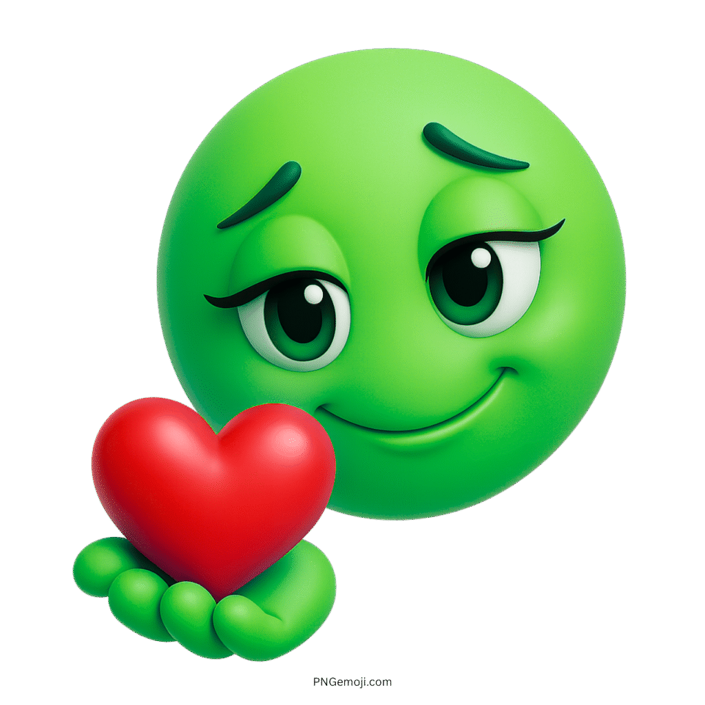 3D green emoji smiling sweetly while offering a red love heart