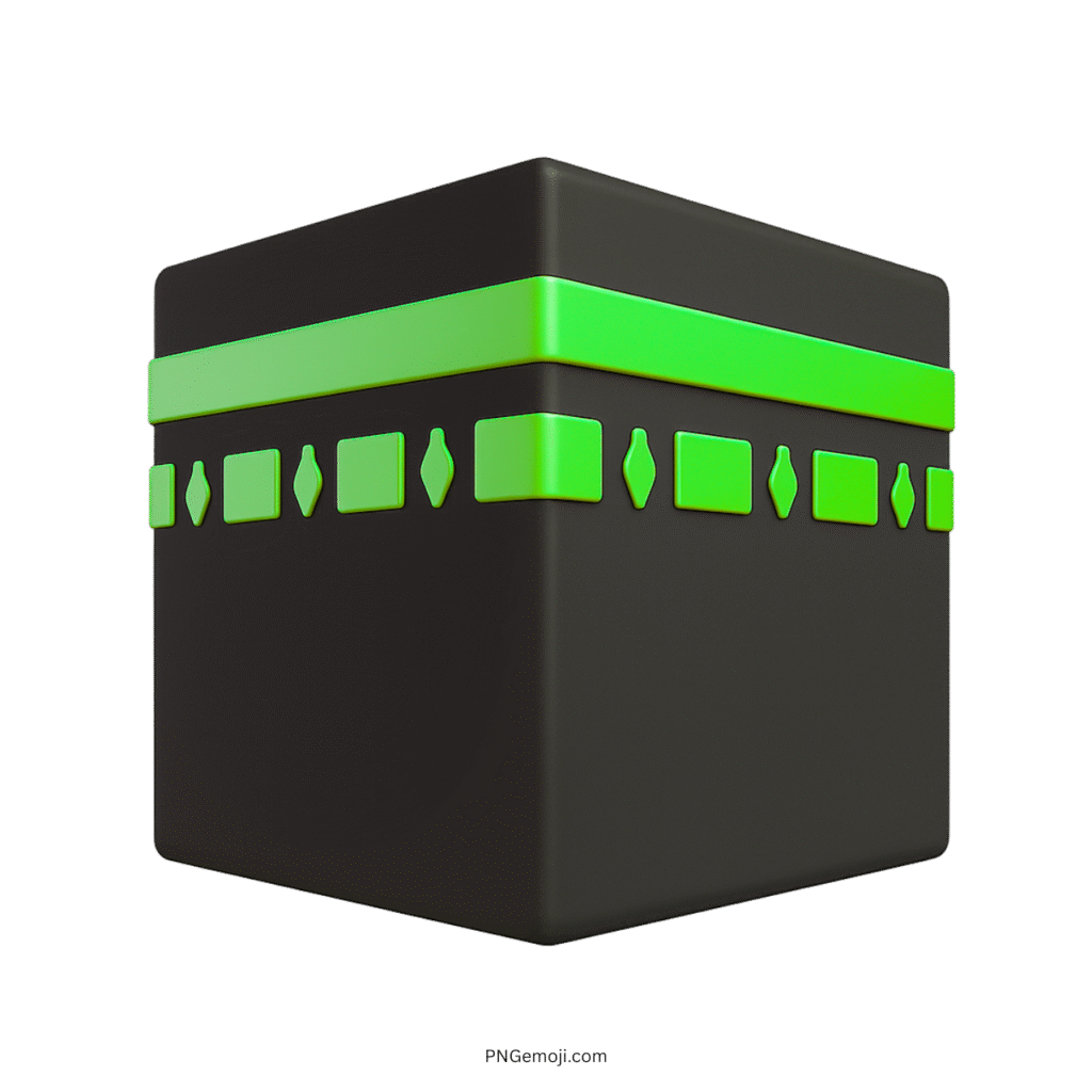 3D Kaaba emoji with green band and details, black cube Islamic clipart
