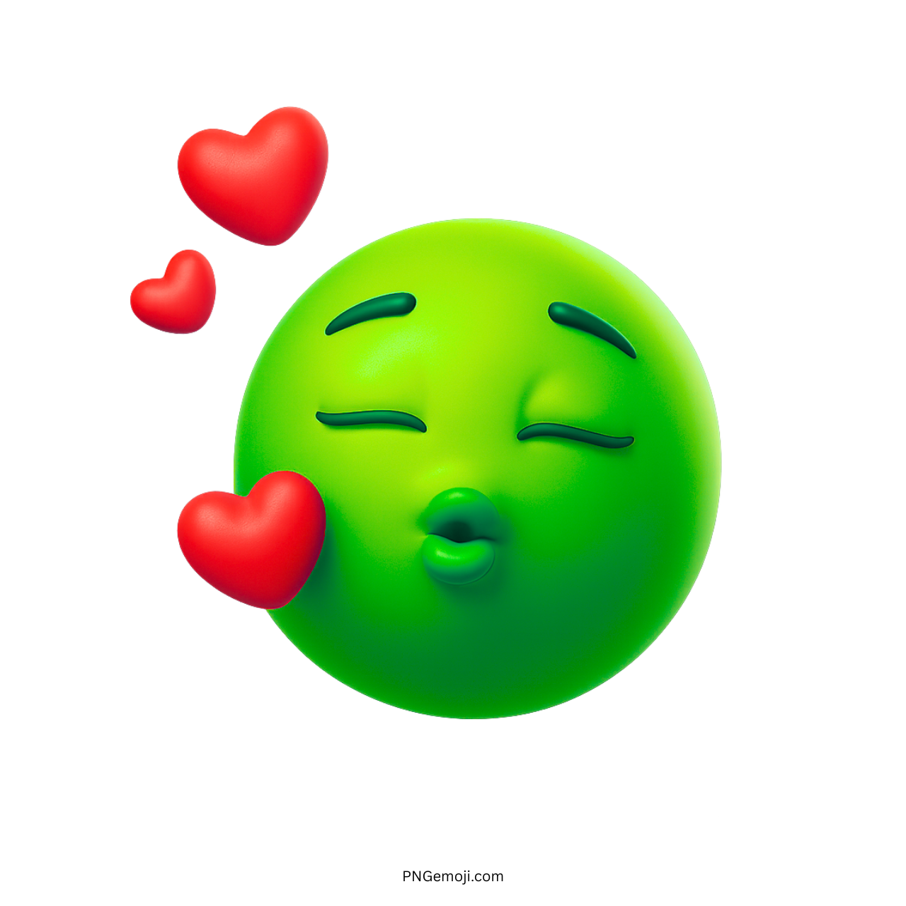 3D green kiss emoji blowing red hearts with closed eyes and loving expression