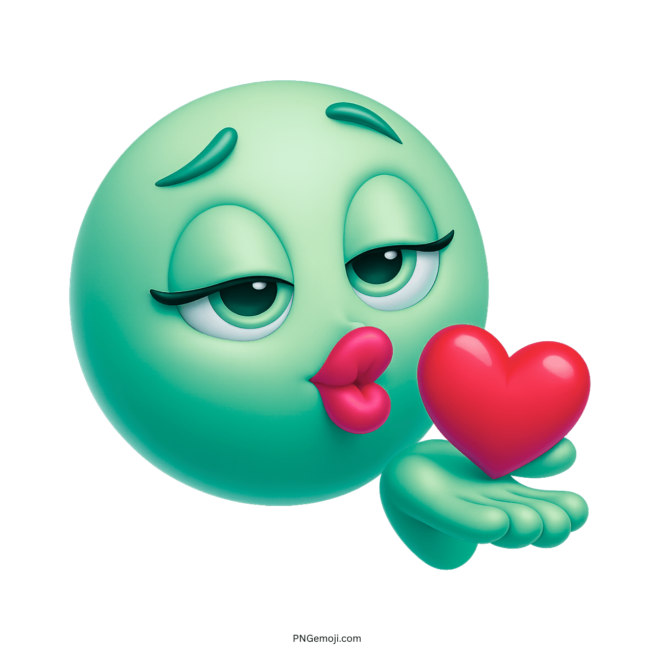 3D Green Face Kissing Emoji with Red Heart Clipart