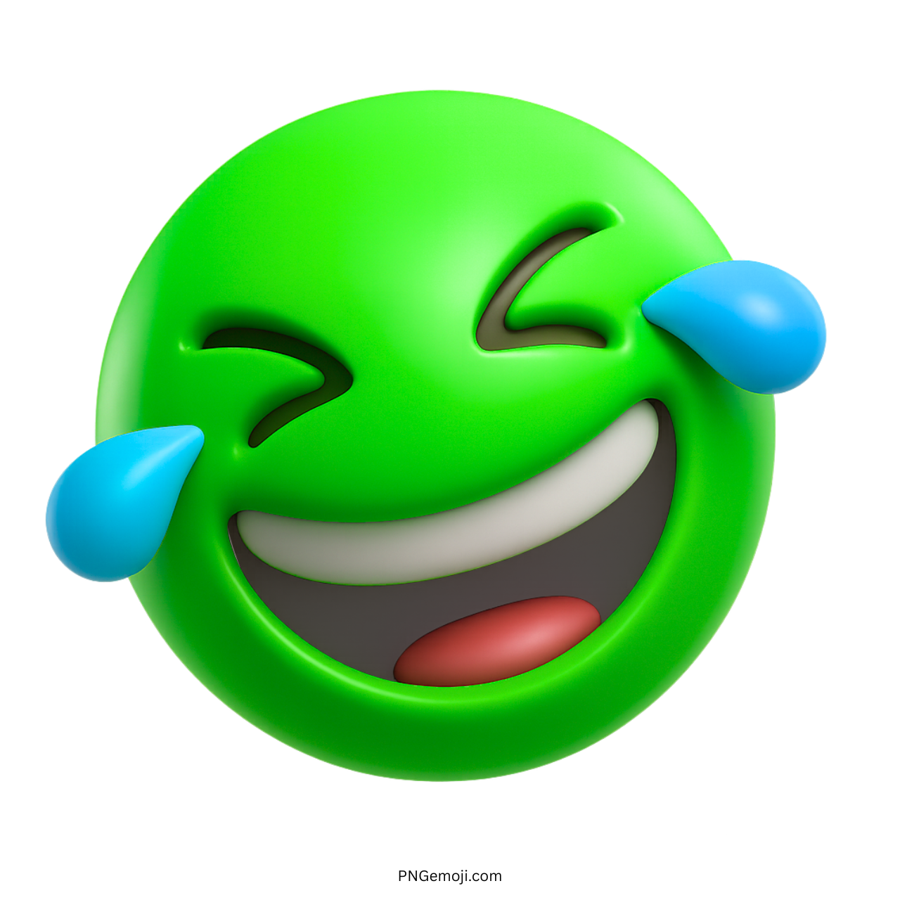 3D green emoji face laughing hard with blue tears of joy