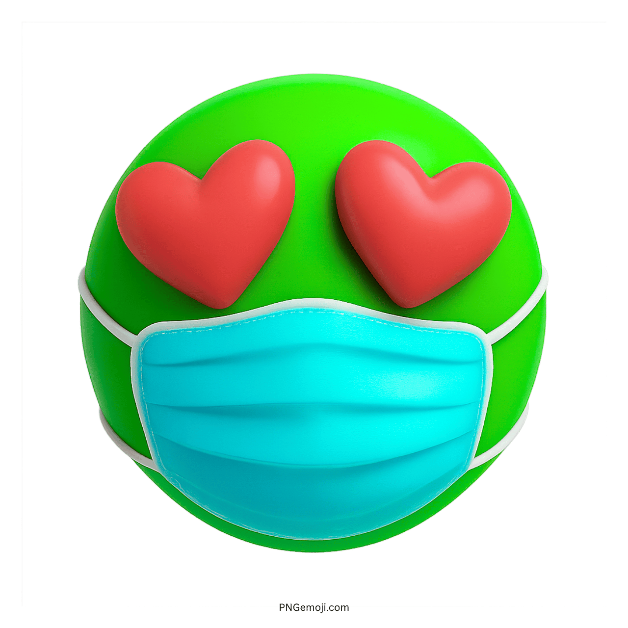 3D green emoji with red heart eyes and blue medical protective face mask