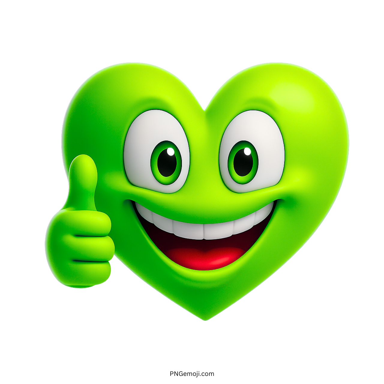 3D green heart emoji with happy smile and thumbs up cartoon gesture