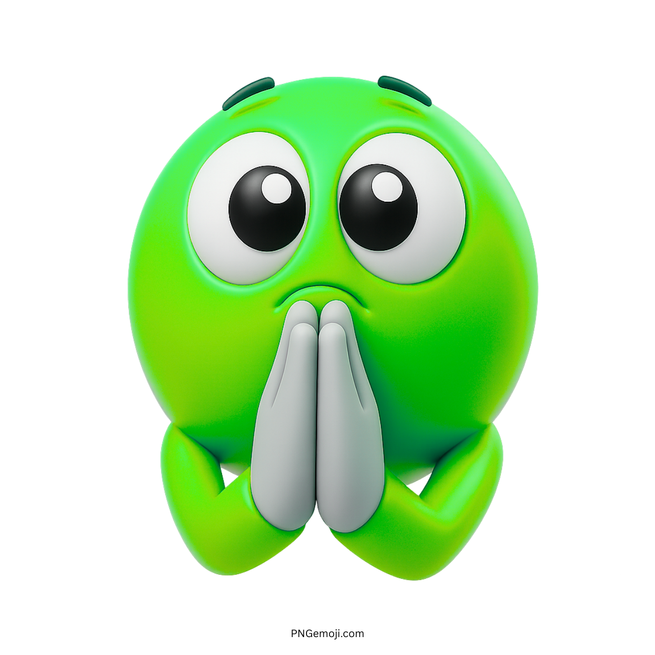 3D green emoji with folded hands and big eyes in humble praying gesture