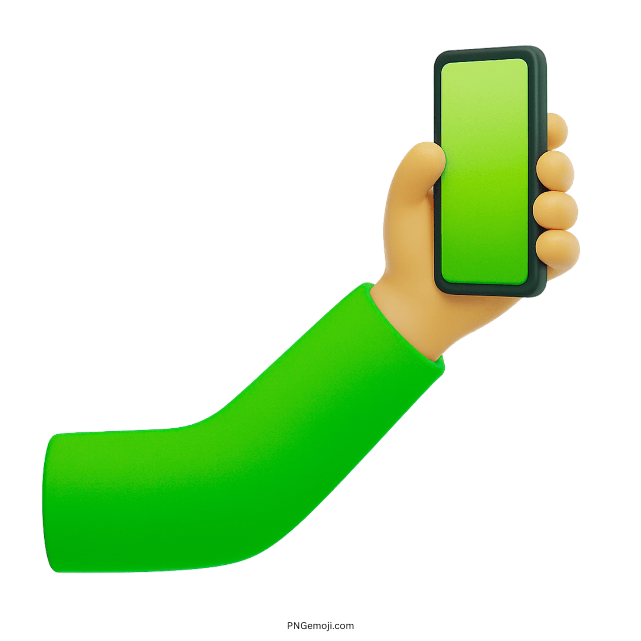 3D selfie emoji hand with green sleeve holding smartphone icon with transparent background