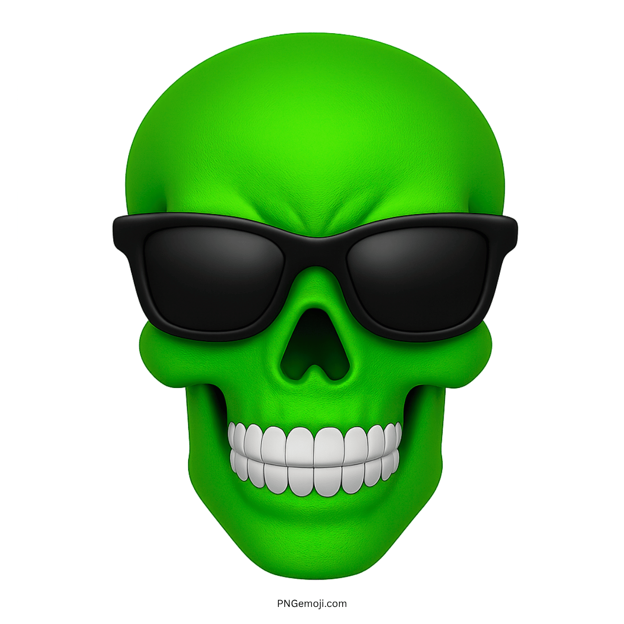 3D green skull emoji with black sunglasses and confident attitude on transparent background