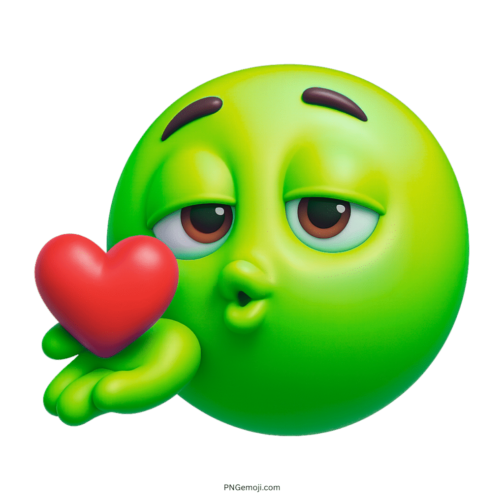 3D green emoji blowing a kiss with a red heart in open palm