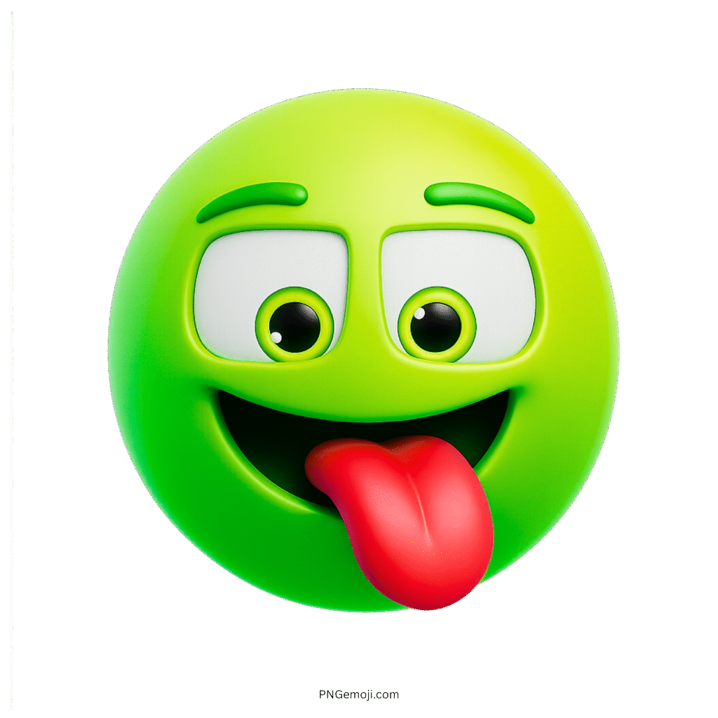 3D green emoji face with tongue sticking out and silly playful expression