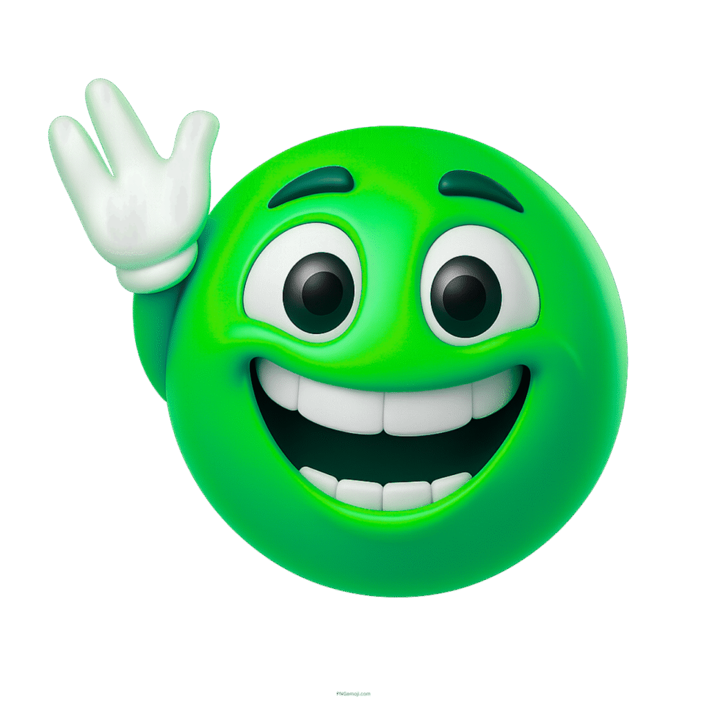 3D green emoji face waving hello with wide eyes and happy bright smile