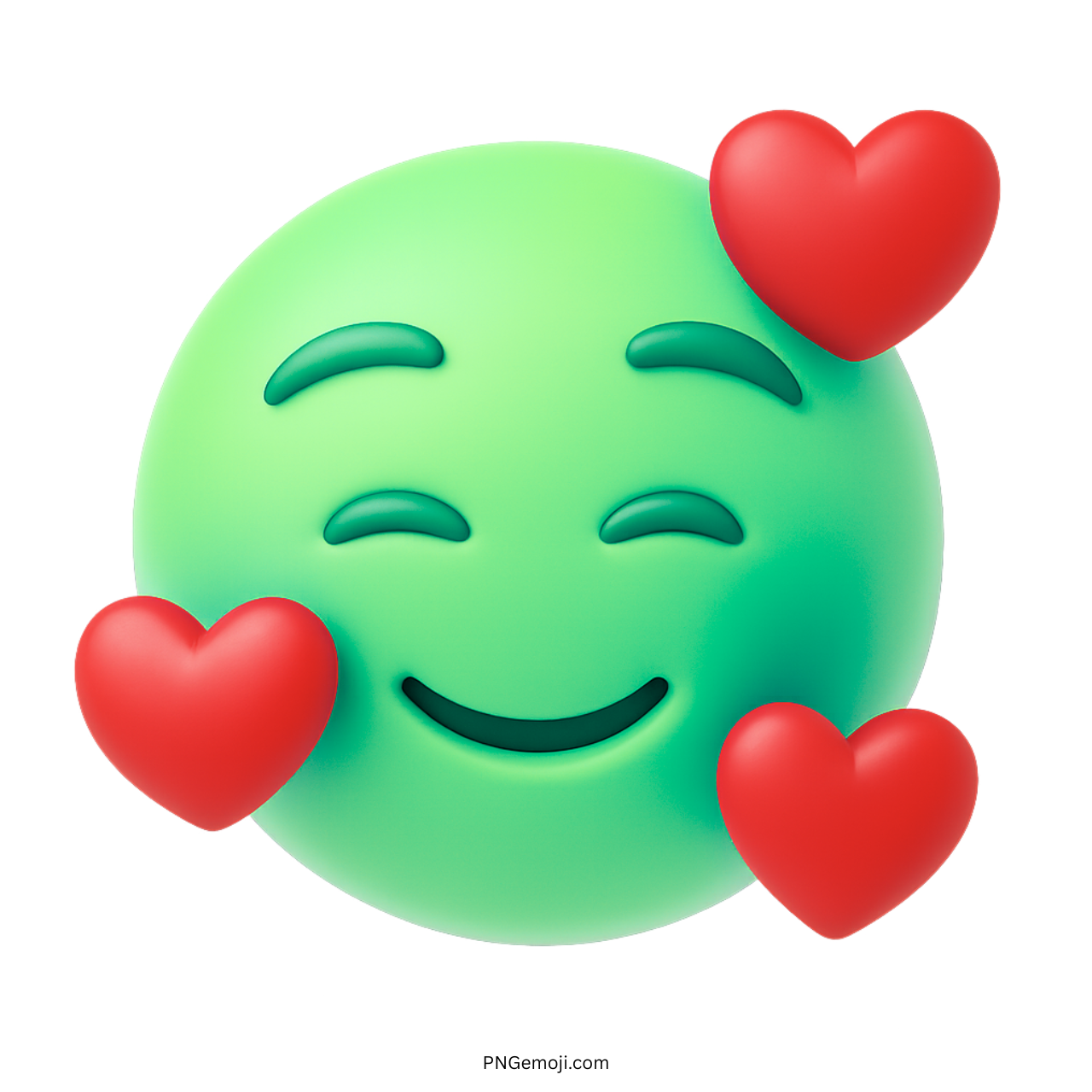 3D green smiley face emoji with red hearts showing love and happiness