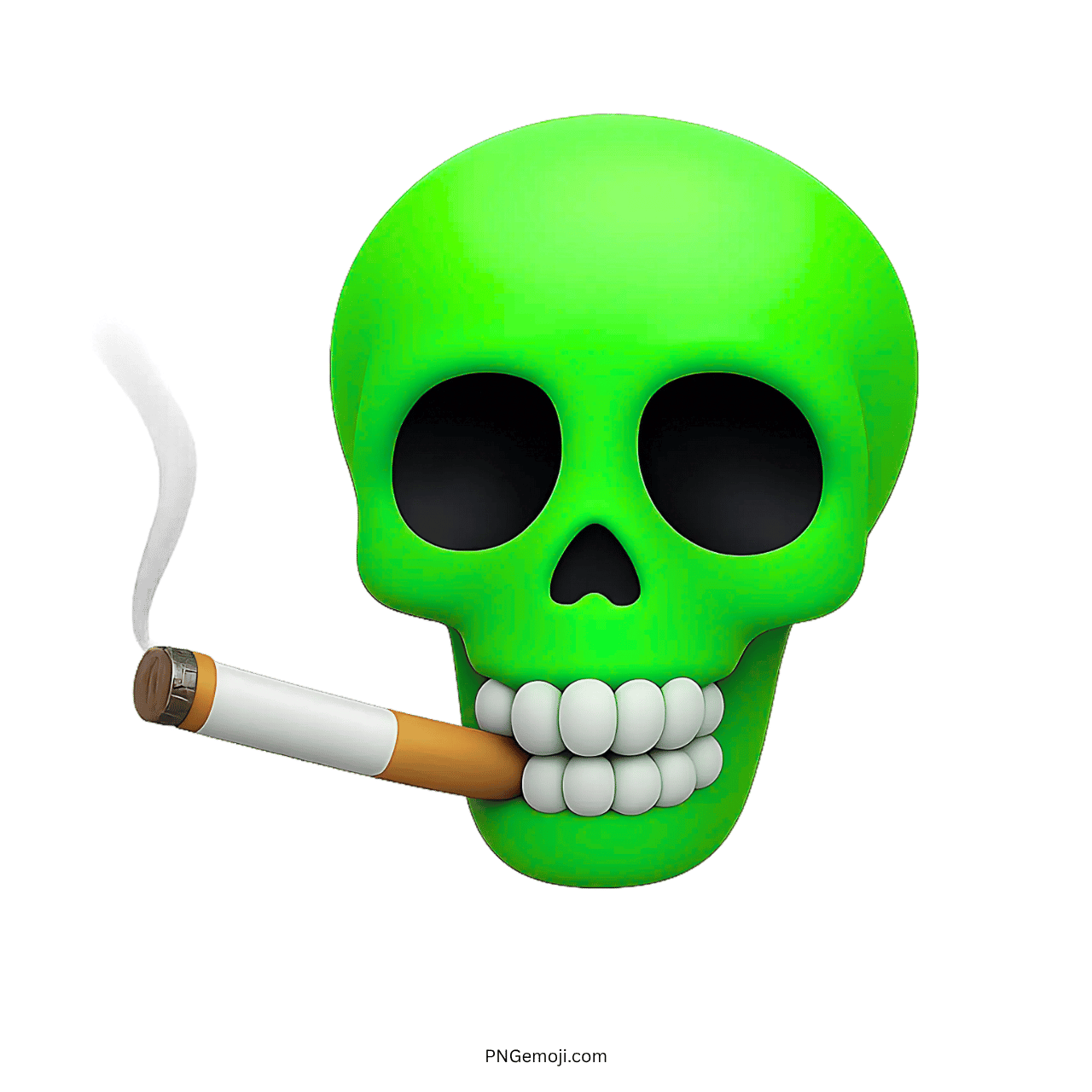 3D green skull emoji smoking cigarette with dark eyes, white teeth, and smoke trail