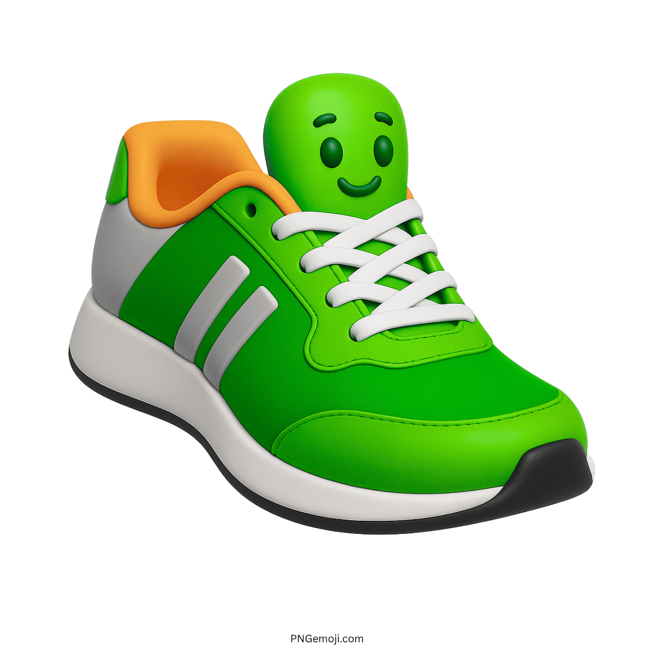 3D green sneaker emoji with smiling face and white laces on transparent background