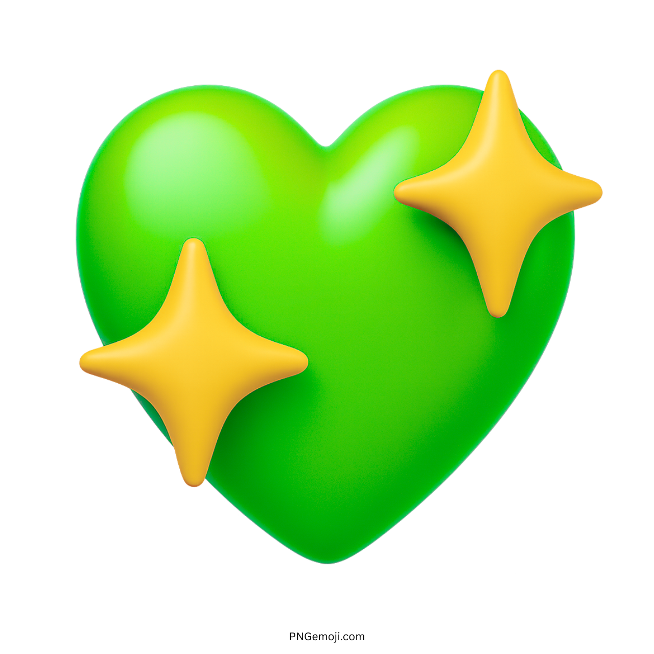 3D green heart emoji with yellow sparkle stars and glossy smooth finish