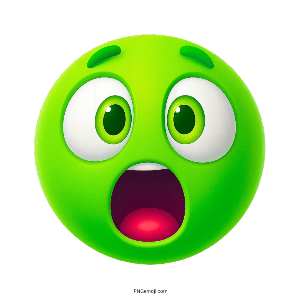 3D green surprised emoji with open mouth and big shocked cartoon eyes