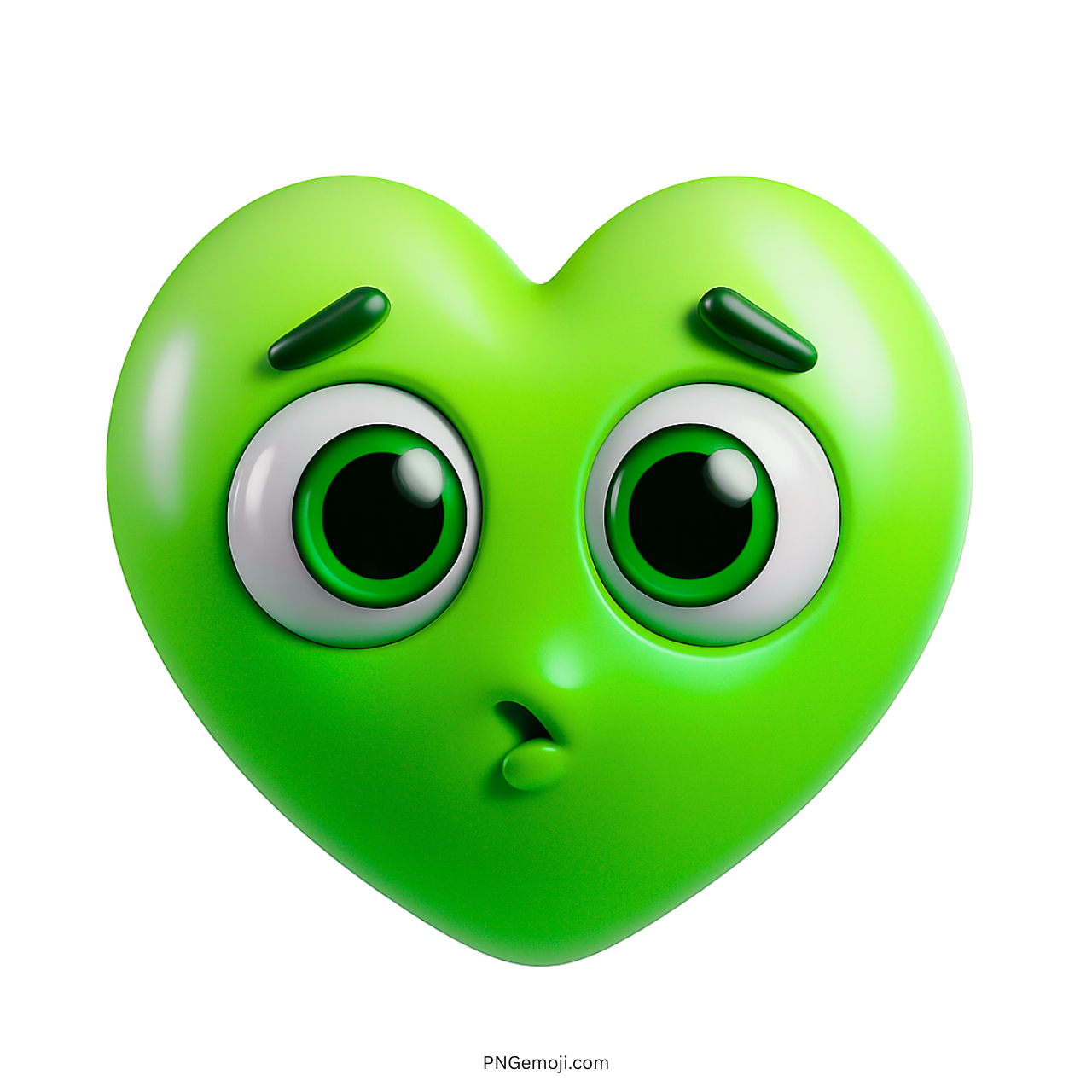 3D surprised green heart emoji with wide eyes and expressive cartoon face PNG