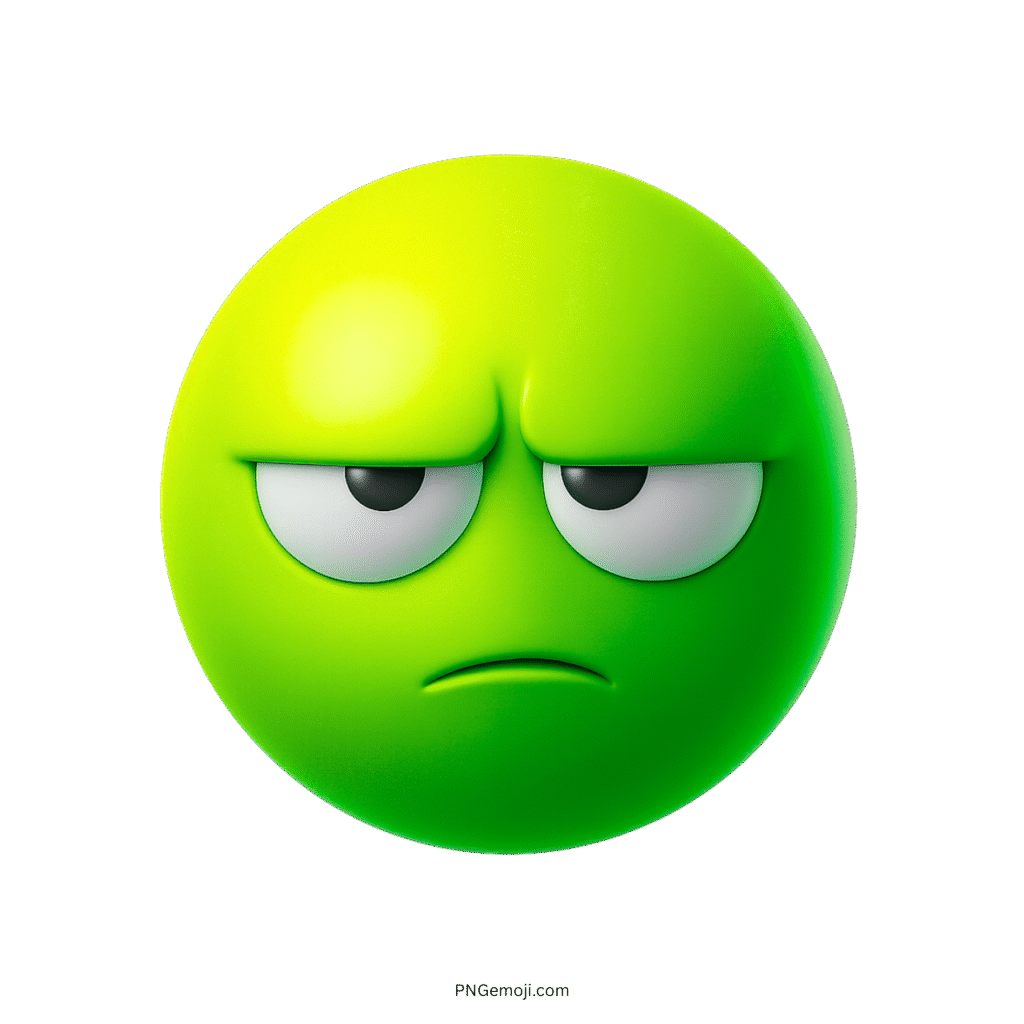 3D green unimpressed emoji face with dull eyes and expressionless mood