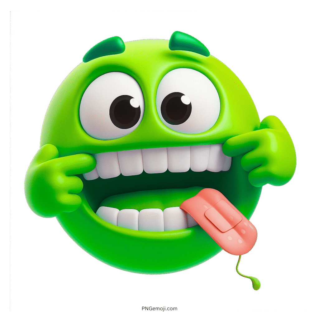 3D green emoji face pulling cheeks with tongue out and funny expression