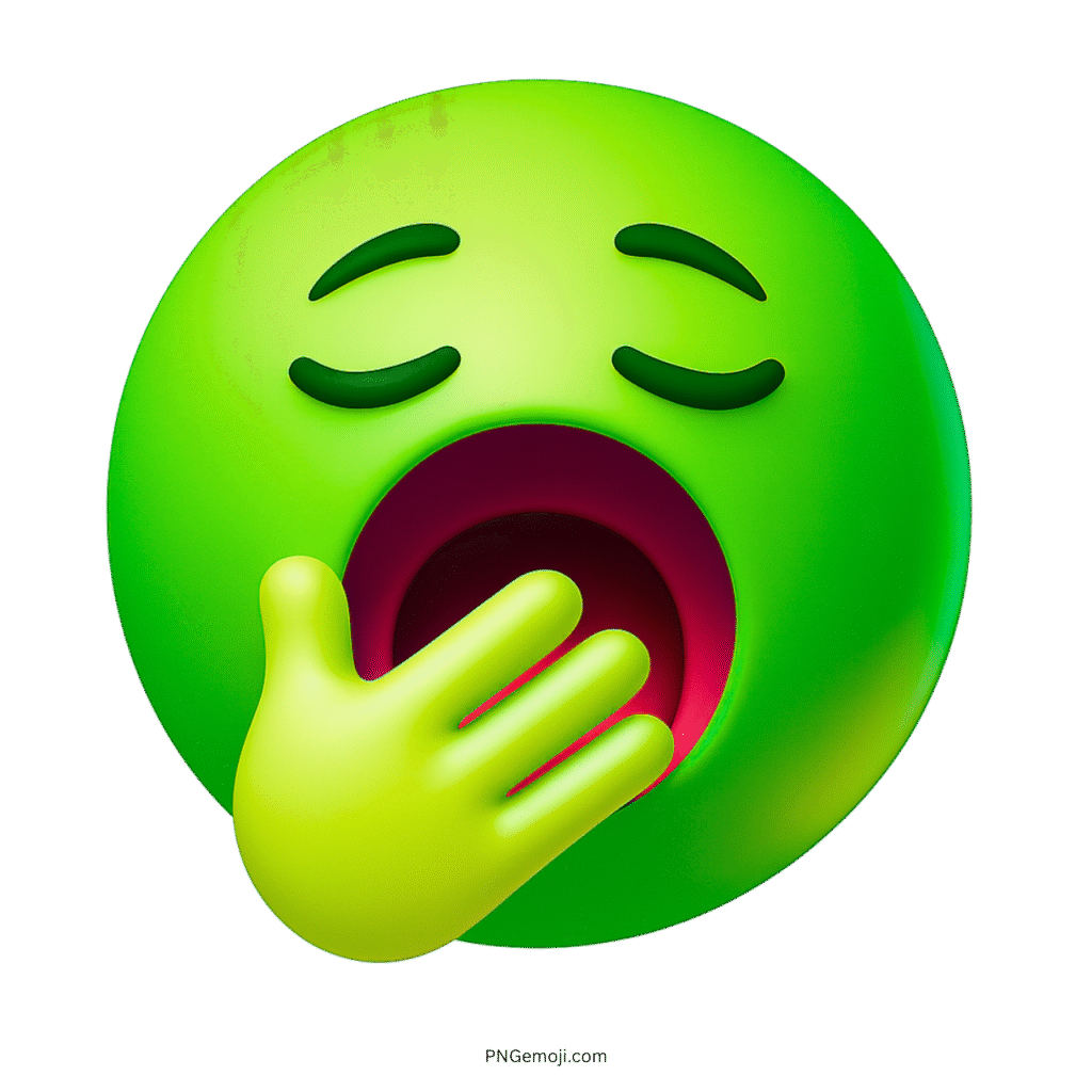 3D green yawning emoji with closed eyes and hand over wide open mouth